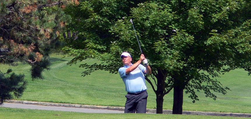 Brad Steven hits his second shot into the par-4 17th at Sleepy Hollow on his way to victory in the 2013 Cleveland Am.