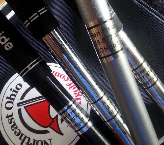 These custom golf club labels read: 'Allen Freeman. 216-577-8756, NEOHgolf.com'...