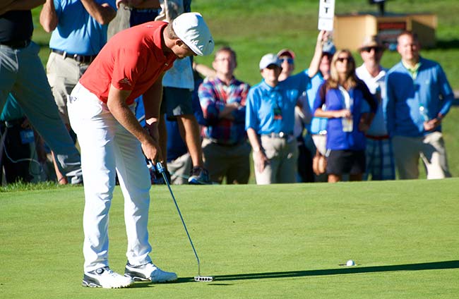 Bryson DeChambeau holes the par putt to win the playoff for the 2016 DAP Championship.