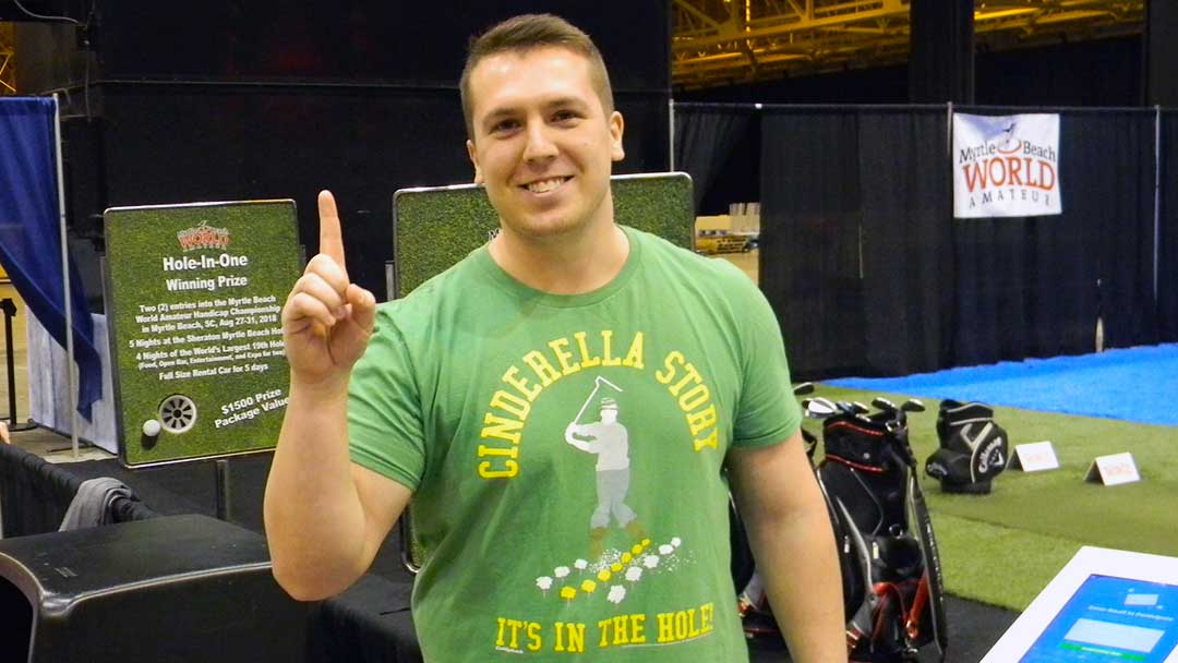 Evan Wolfe of Conneaut makes ace in the 2018 Cleveland Golf Show Hole in One contest