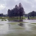 The flooded 9th green at the 2021 Fox Den Championships
