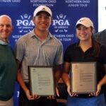 2025 Scholarship Recipients Vinh Lai and Ava Furiga with Executive Director David Griffith and President Steve Carter, PGA