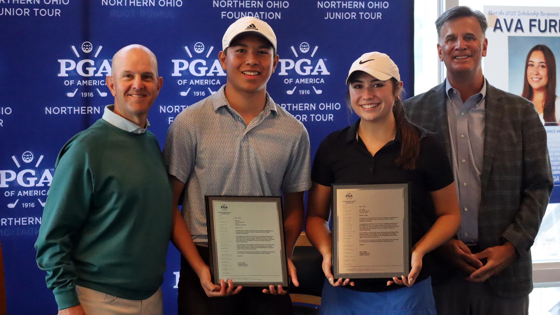 2025 Scholarship Recipients Vinh Lai and Ava Furiga with Executive Director David Griffith and President Steve Carter, PGA